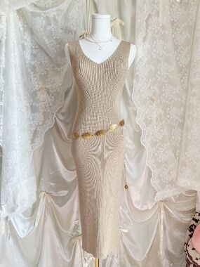 Michael Kors Ribbed Knit Midi Dress Beige Bodycon Quiet Luxury Minimal Chic